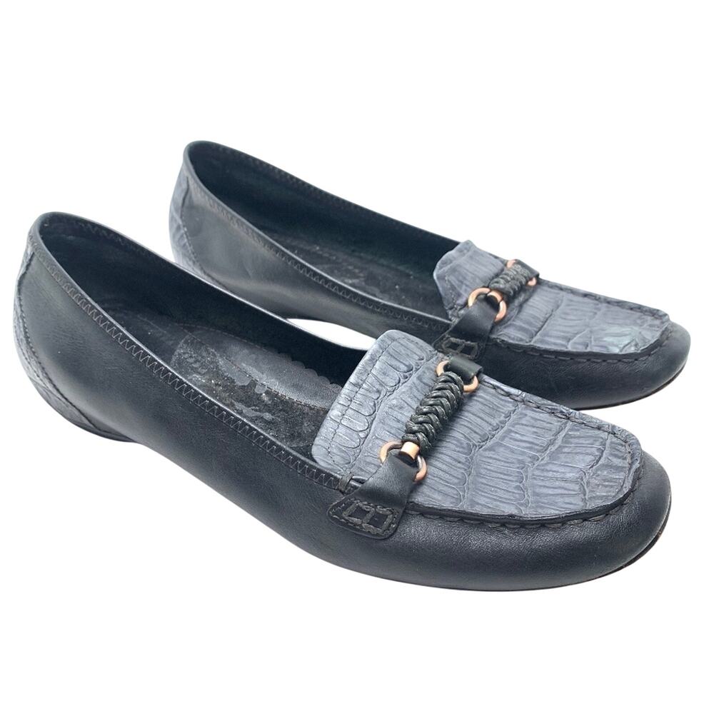 ANTIA Navy Blue Genuine Leather Slip On Loafers Reptile Print Flats Shoes sz 8 M